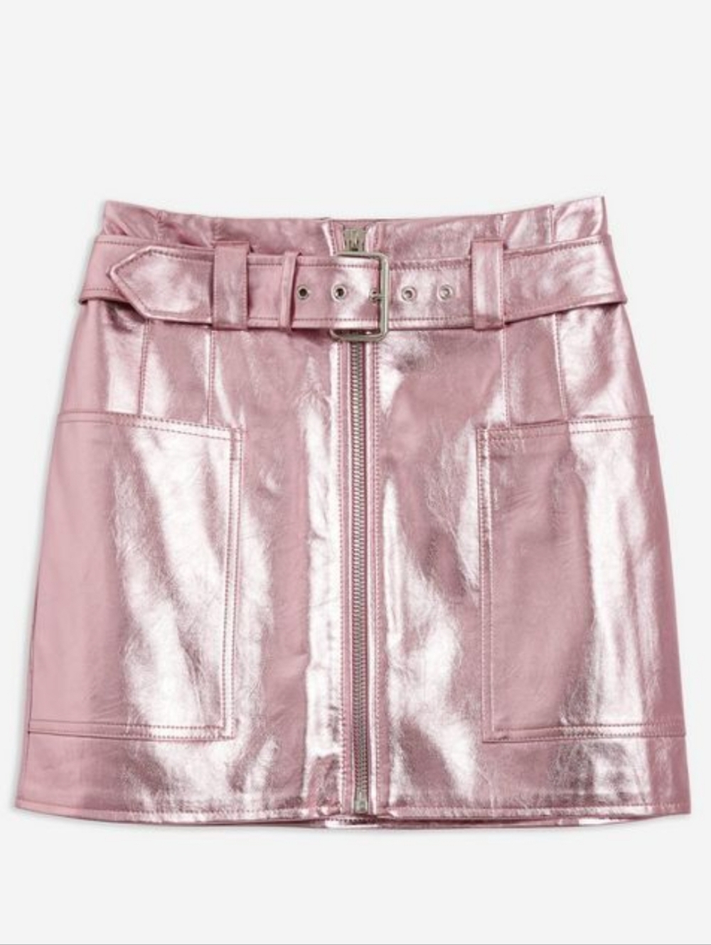 NWT Topshop Metallic Pink Zip-Front Mini Skirt with Belt US 4